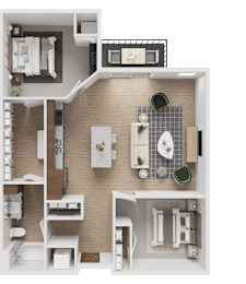 A detailed 3D floor plan of a small apartment.