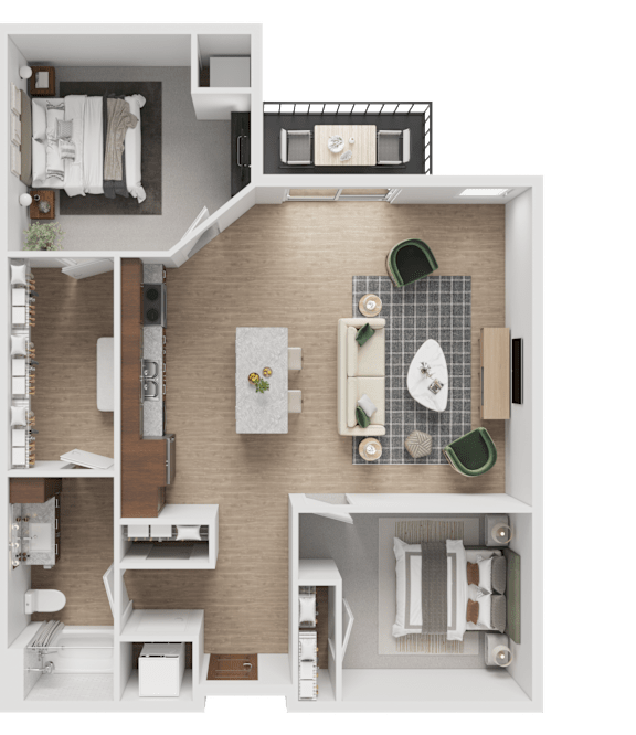 A detailed 3D floor plan of a small apartment.