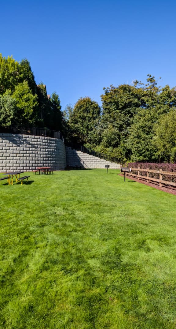 a backyard with a green lawn and a fence at Creston Point, Seattle, Washington