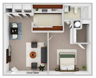 A floor plan of a room with a bed, a couch, a table, and a kitchenette.