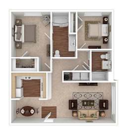 A floor plan of a house with a kitchen, living room, dining room, and two bedrooms.
