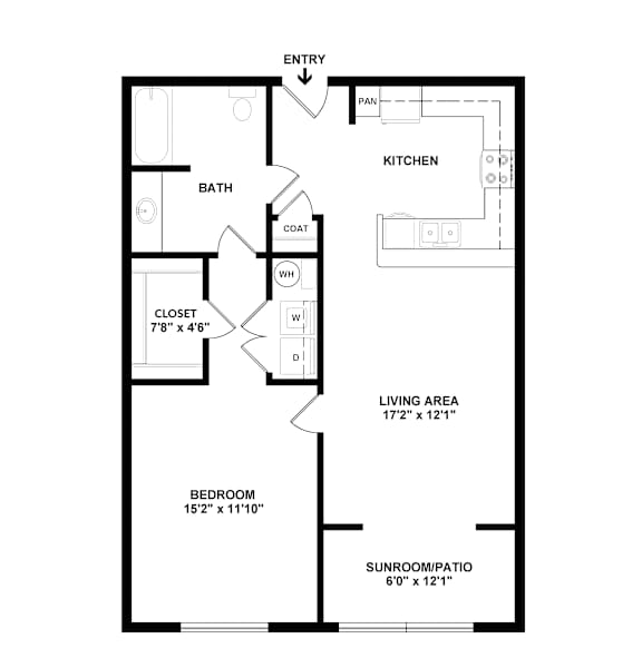 A floor plan of a home with a living area, kitchen, bathroom, bedroom and sunroom.