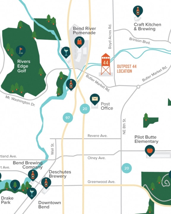 a map of a golf course with a path and markers