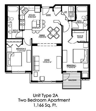 2 Bedroom Floor Plan at The Landings at Silver Lake Village, St. Anthony, 55421
