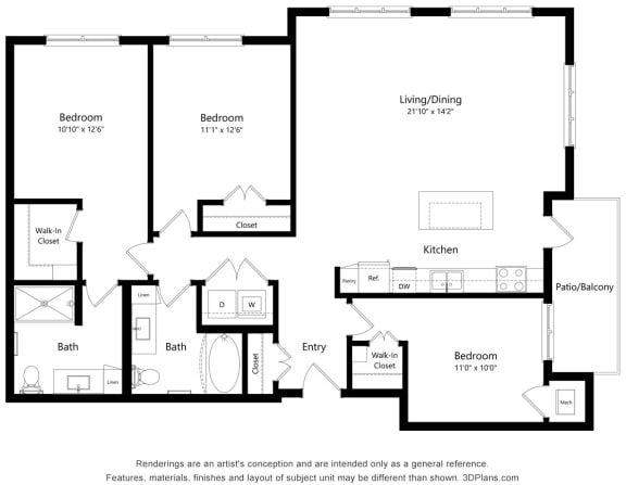 Brighton Oaks_3 Bedroom Floor Plan_3D