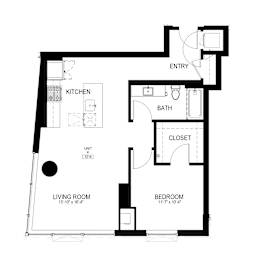 A black and white image of a floor plan for a 848 square foot unit.
