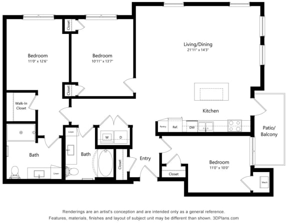 3 Bedroom Floor Plan 3 Bedroom Floor Plan at Bren Road Station 55+ Apartments, Minnesota, 55343