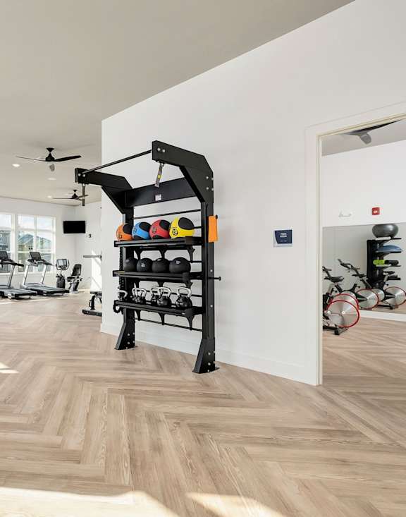 A gym with a variety of equipment including weights and a rowing machine.