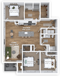 A 3D floor plan of a house with a kitchen, living room, and two bedrooms.