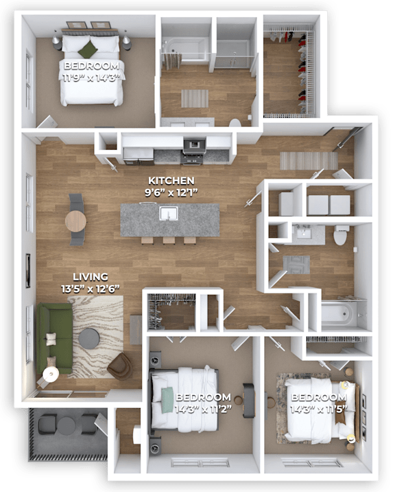 A 3D floor plan of a house with a kitchen, living room, and two bedrooms.
