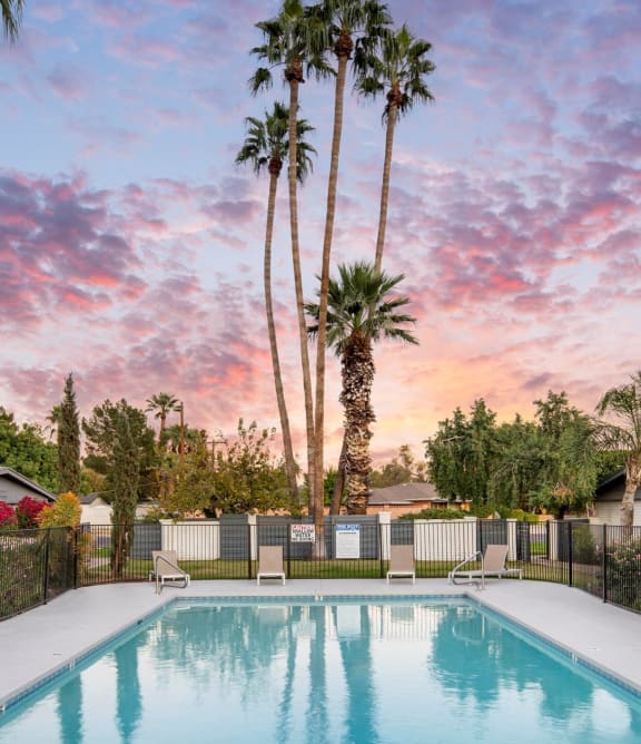 a swimming pool with palm trees in the background