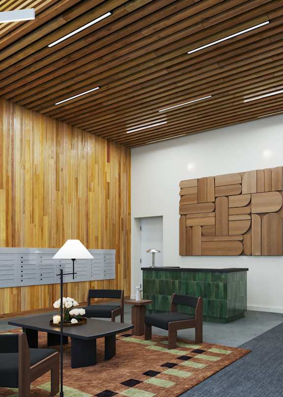 A modern dining room with a wooden ceiling and a large abstract painting on the wall.