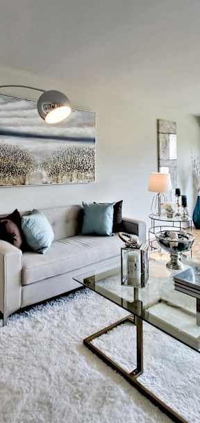 an apartment living room with couches and a glass table