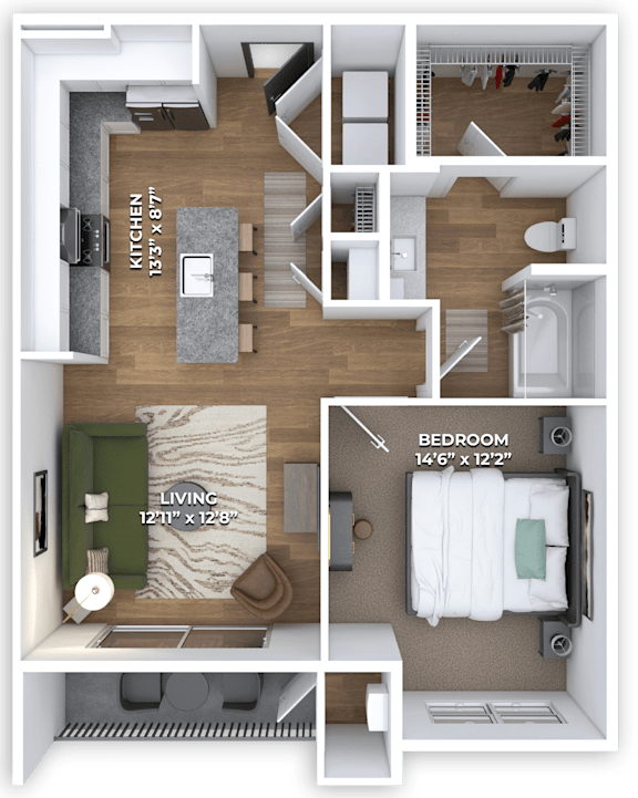 A floor plan of a small apartment with a living room, kitchen, and bedroom.