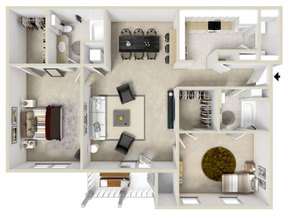 Floor Plan  2 bed 2 bath B Floor Plan | 1,169 Sq. Ft. at Reserve at Park Place Apartments, Hattiesburg, 39402