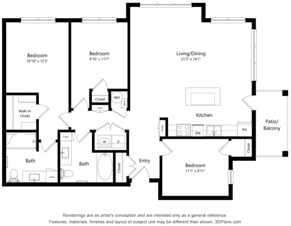 Preserve at Peachtree Shoals_3D_3 Bedroom  Floor Plan