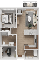 A 3D rendered image of a small apartment layout.