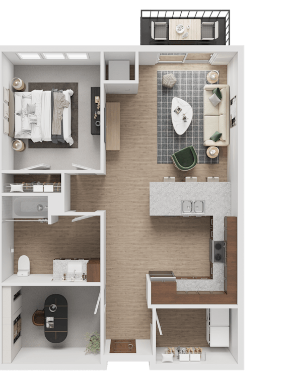 A 3D rendered image of a small apartment layout.