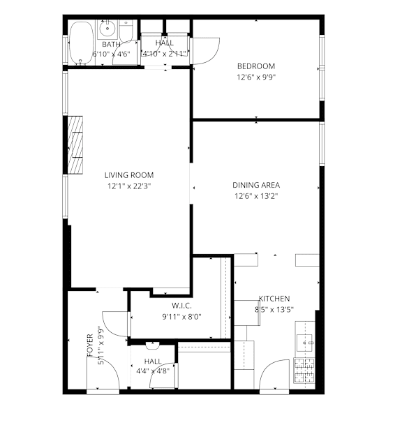 A black and white image of a floor plan for a one bedroom apartment.