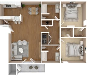 2 Bed 2 Bath Floor Plan | 1.186 Sq. Ft. at Bossier City Apartment Homes, Bossier City, LA