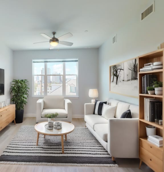 a living room with a white couch and a coffee table