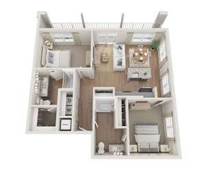 A floor plan for a 1068 square foot apartment with two bedrooms and two bathrooms.