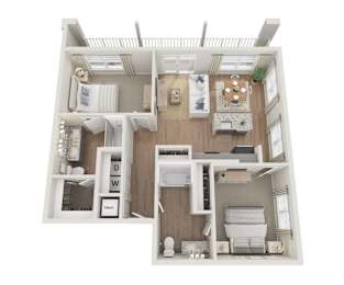 A floor plan for a 1068 square foot apartment with two bedrooms and two bathrooms.