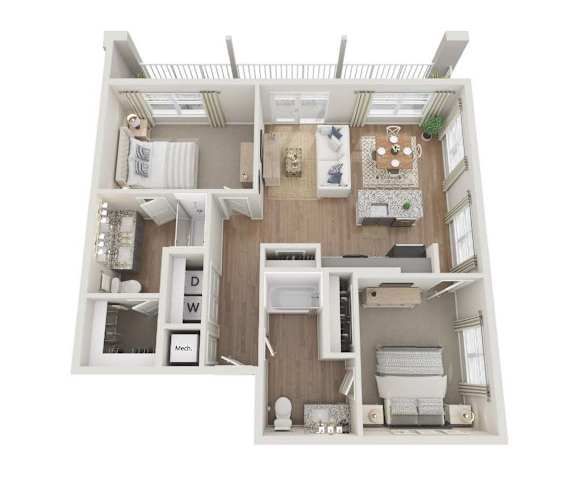 A floor plan for a 1068 square foot apartment with two bedrooms and two bathrooms.