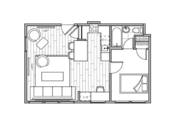 Lotus Cityline Apartments in Downtown Salt Lake City, Utah. 2D floor plan of the 519 square foot 1 bed, 1 bath floor plan