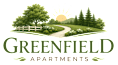 The image is a logo for Greenfield Apartments, featuring a stylized landscape with trees, a path, and a sun.