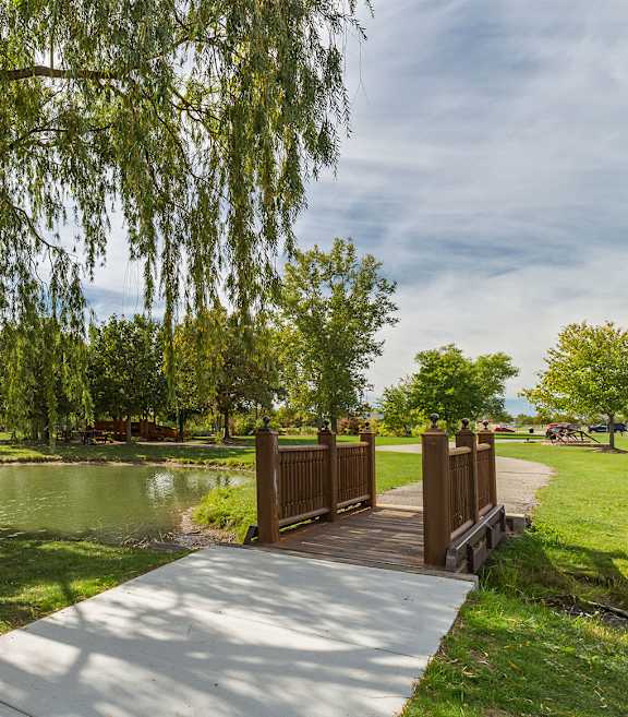 a wooden bridge next to a weeping willow tree near a pond