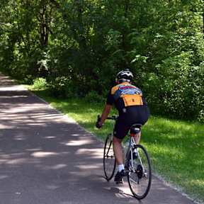 A man riding a bike on a path surrounded by greenery.