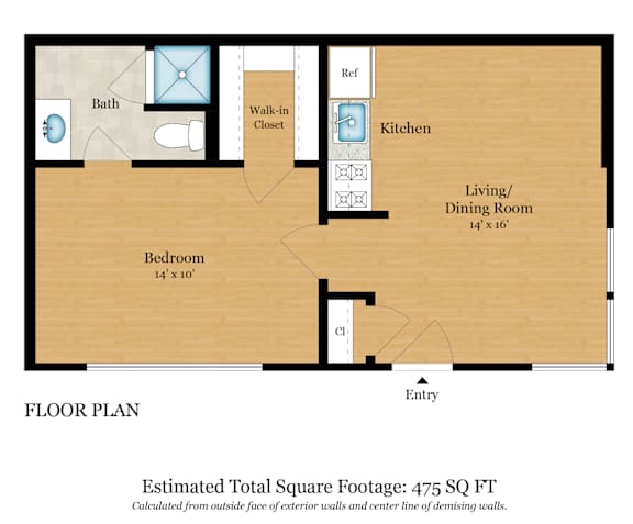 A floor plan of a house with a total estimated square footage of 905.