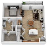 a stylized floor plan with a dining room and a living room