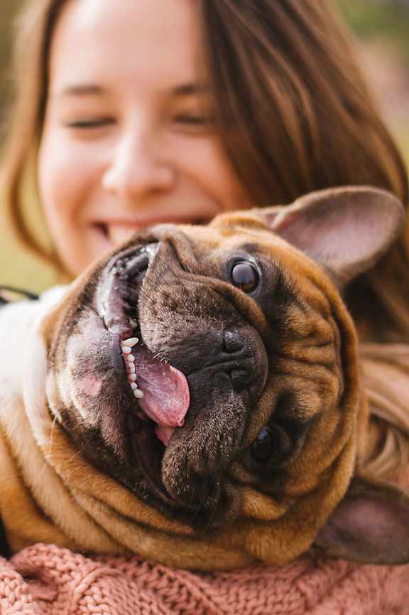 A woman is holding a happy dog in her arms.