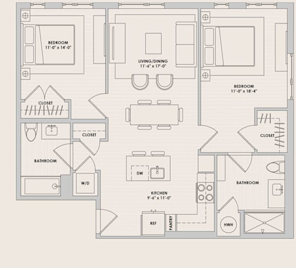 A floor plan of a house with two bedrooms and two bathrooms.