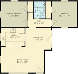 A floor plan for a two bedroom apartment at 1050 Noel Drive, Menlo Park, Ca 94025.