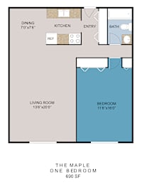 A floor plan of a one bedroom apartment at The Maple.