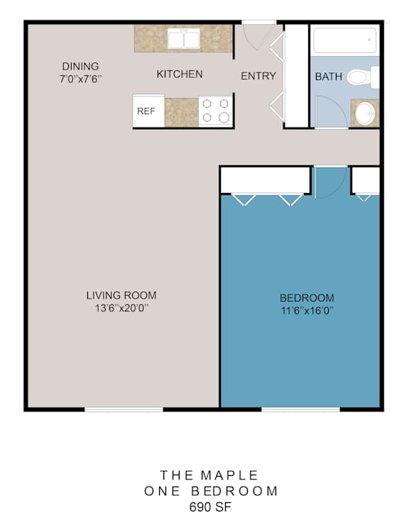 A floor plan of a one bedroom apartment at The Maple.