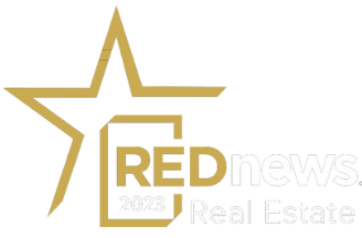 the logo for red news real estate on a black background