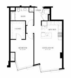 A floor plan of a one bedroom apartment with a living room, kitchen and bath.