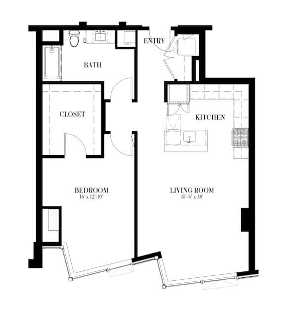 A floor plan of a one bedroom apartment with a living room, kitchen and bath.