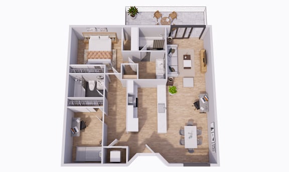 A top-down view of a house layout with a living room, kitchen, and dining area.