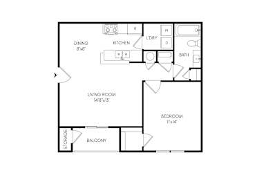 A floor plan of a house with a living room, dining room, kitchen, and bathroom.