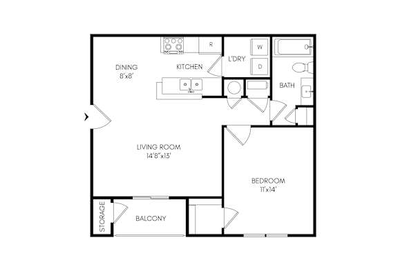 A floor plan of a house with a living room, dining room, kitchen, and bathroom.