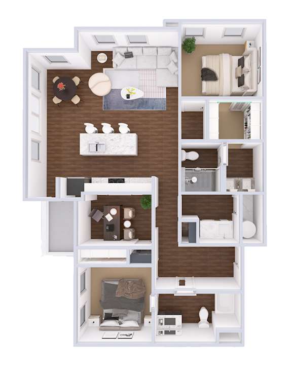 A floor plan of a two-bedroom apartment with a living room, kitchen, and bathroom.