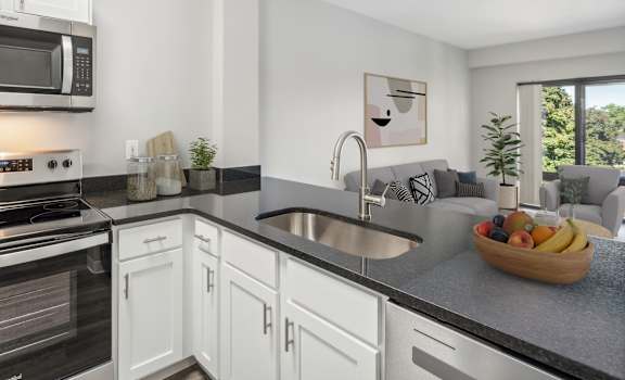 the preserve at ballantyne commons apartment kitchen with stainless steel appliances at Residences at Manchester Place, Manchester, NH