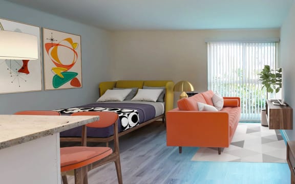 a room with two beds and a table and a mirror  at Rancho Los Feliz, Los Angeles, 90039