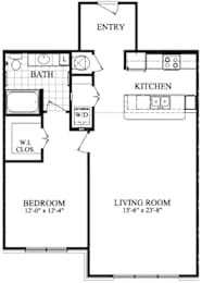 A floor plan for a 1 bedroom/1 bath apartment with a living room and kitchen.