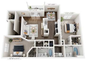 Floor Plan  3-D Rendering of The Currituck floor plan at The Enclave at Crossroads Apartments in Raleigh, NC